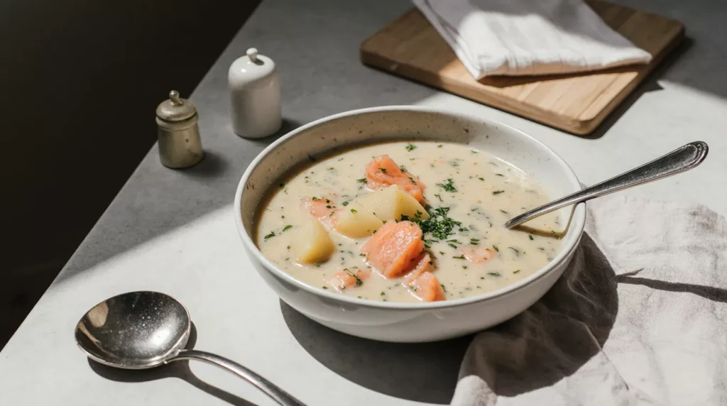 Bowl of smoked salmon chowder with spoon on a plain kitchen table.