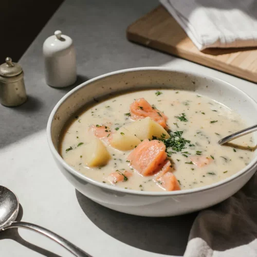 Bowl of smoked salmon chowder with spoon on a plain kitchen table.