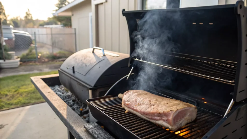 Pork loin smoking gently on a backyard smoker
