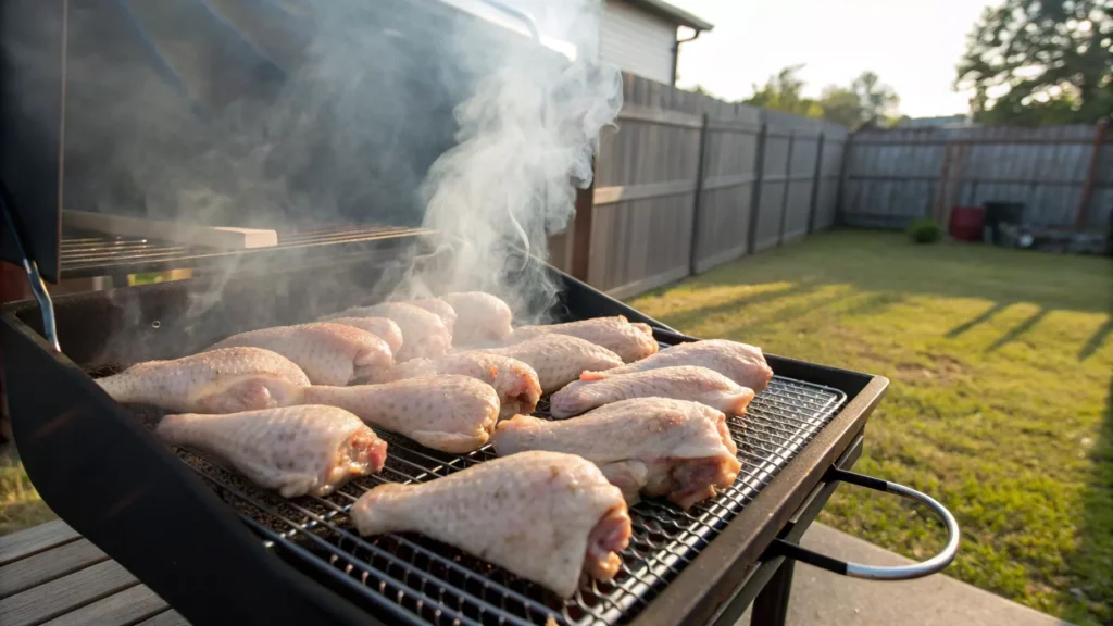 Turkey wings smoking on a backyard smoker