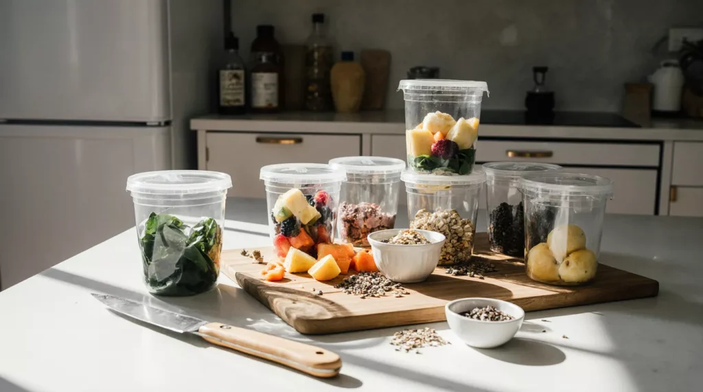 Seven containers filled with pre-portioned smoothie ingredients on a plain kitchen table.