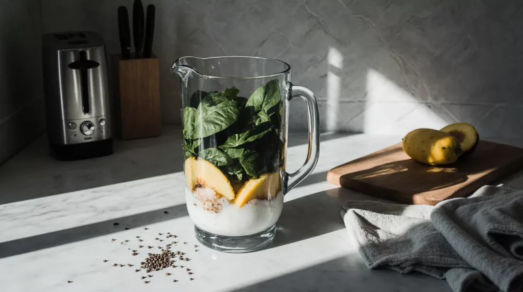 Blender pitcher filled with spinach, pineapple, banana, mango and coconut water on a regular countertop.
