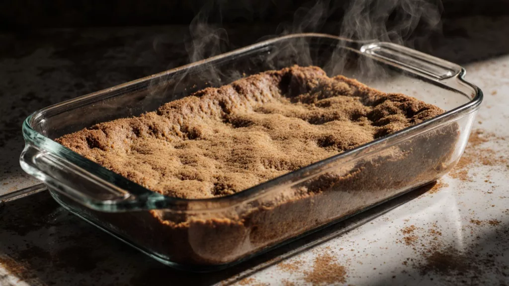 Snickerdoodle blondies cooling in a glass baking dish on a kitchen counter