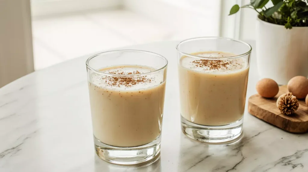 Two small glasses of Southern Comfort eggnog on table