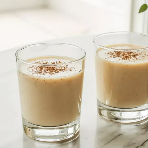 Two small glasses of Southern Comfort eggnog on table