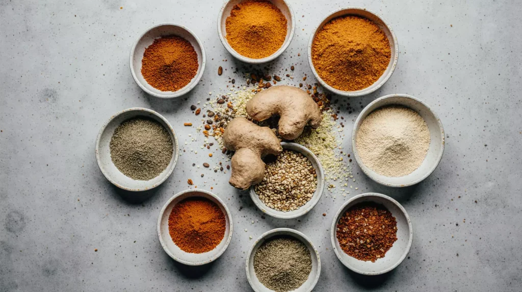 Individual spices used for Thai spice mix arranged on a kitchen counter