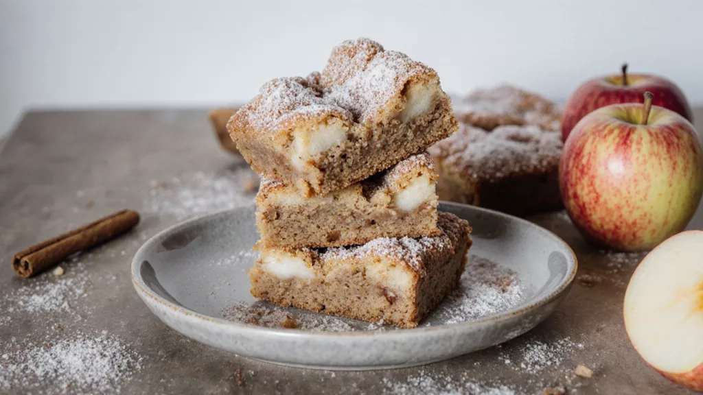 Stack of apple snickerdoodle blondies with cinnamon sugar topping on a plain plate
