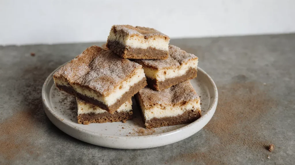 Stack of cheesecake snickerdoodle blondies with visible cheesecake and blondie layers