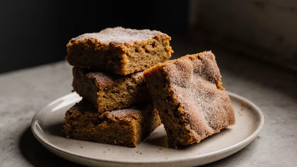 Stack of pumpkin snickerdoodle blondies with cinnamon sugar topping on a plain plate