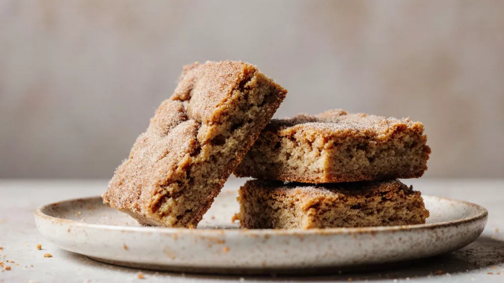 Stack of snickerdoodle blondies with cinnamon sugar tops on a plain plate