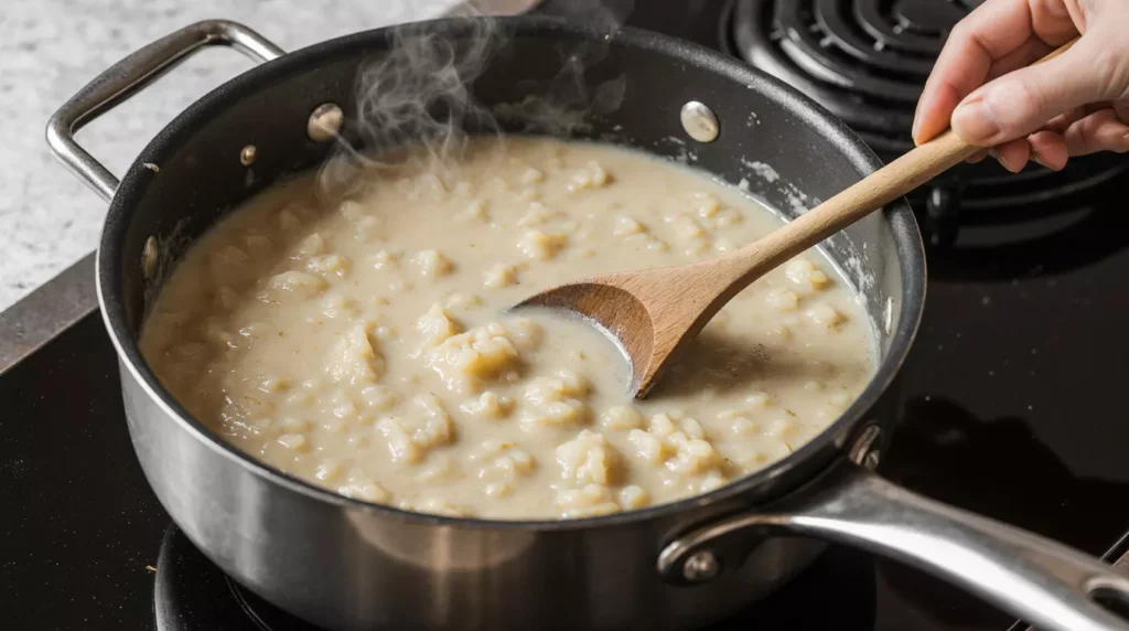 Cheese risotto being gently stirred in a pot on the stove