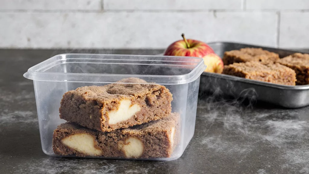Apple snickerdoodle blondies stored in a plastic container with lid slightly open