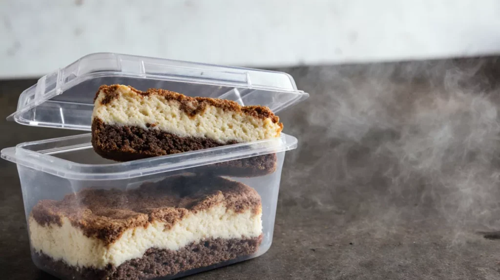 Cheesecake snickerdoodle blondies stored in a plastic container with lid slightly open