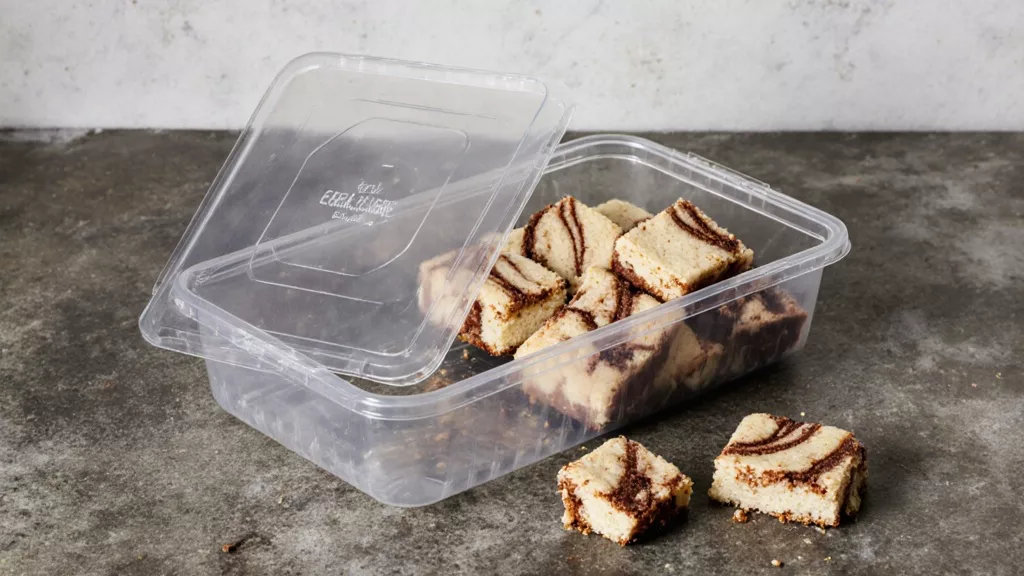 Cream cheese snickerdoodle blondies stored in a plastic container with lid slightly open