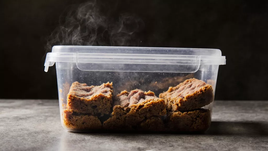 Pumpkin snickerdoodle blondies stored in a plastic container with lid slightly open