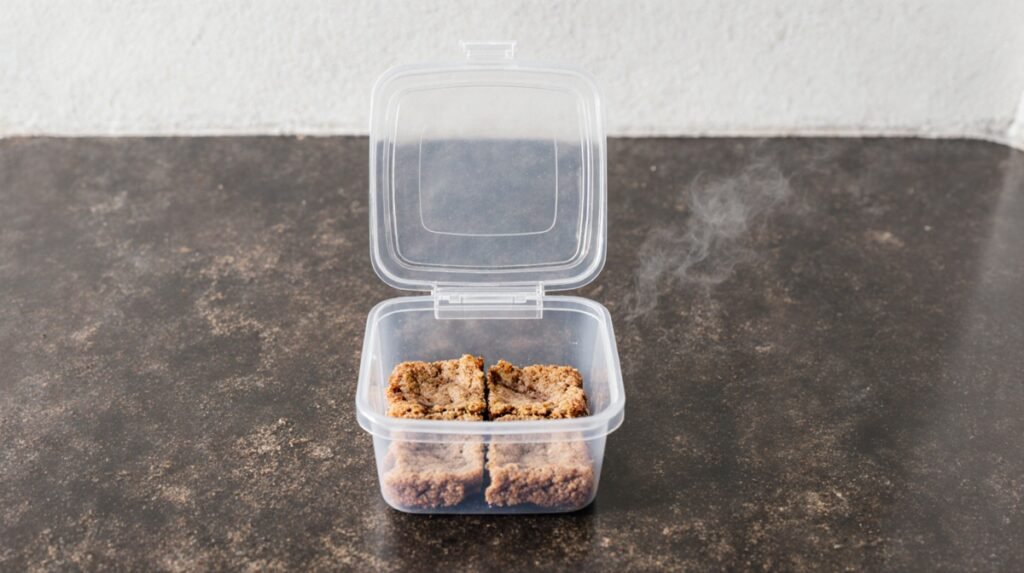 Vegan snickerdoodle blondies stored in a plastic container with lid slightly open