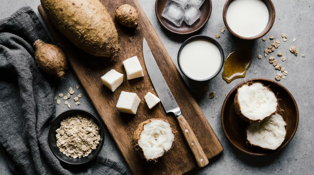 Raw taro roots, peeled taro chunks and smoothie ingredients displayed on a wooden cutting board.