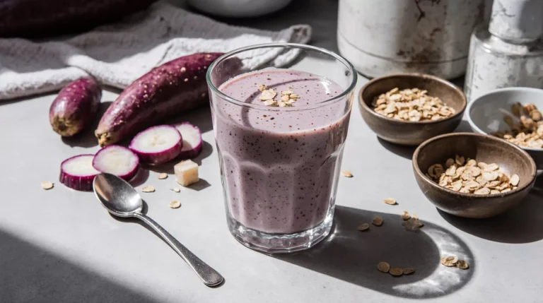 Light purple taro root smoothie in a clear glass on a simple kitchen counter with raw taro slices and oats nearby.