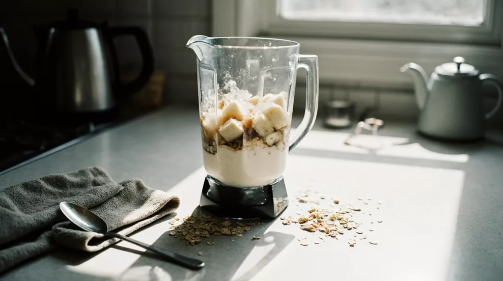 Blender pitcher filled with taro, banana, coconut milk and oats on a normal kitchen counter.