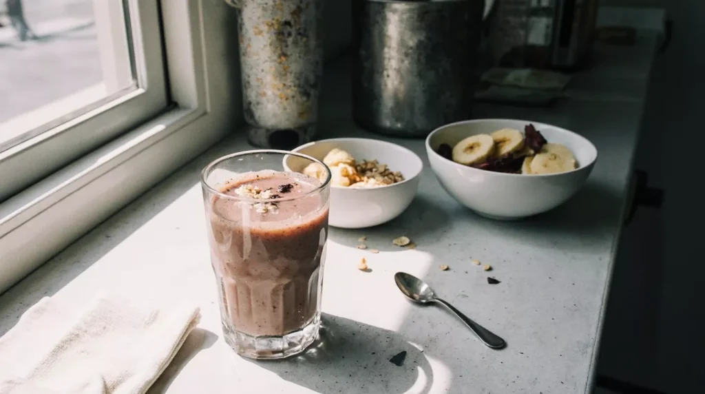 Close-up of a creamy taro smoothie in a glass showing natural texture and light purple color.