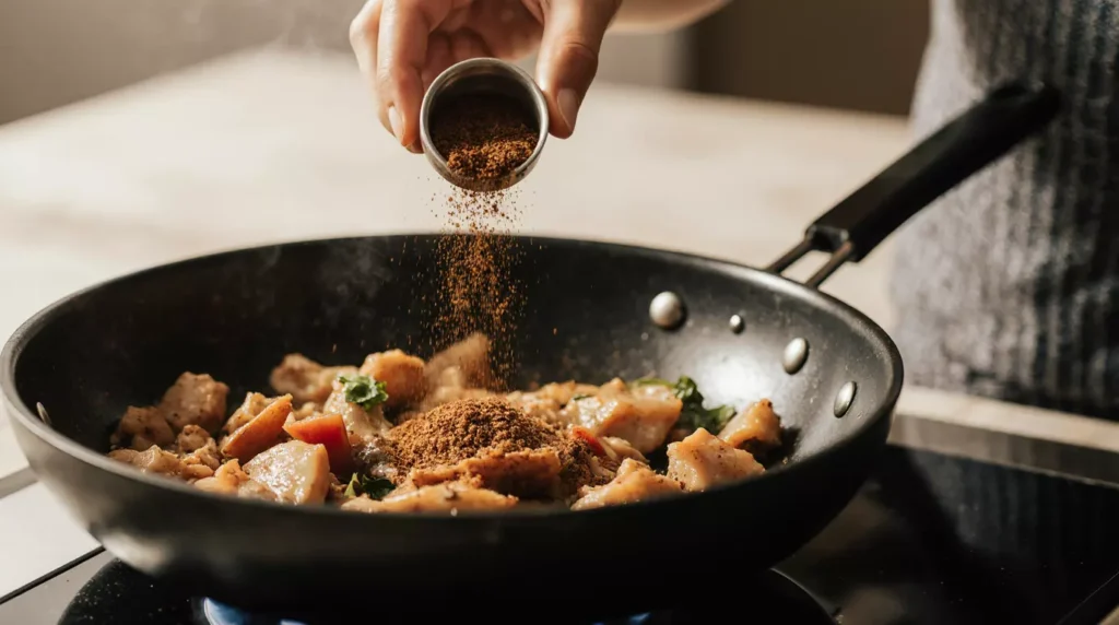 Thai spice mix being added to food while cooking on the stove