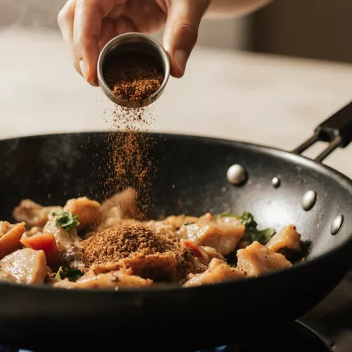Thai spice mix being added to food while cooking on the stove