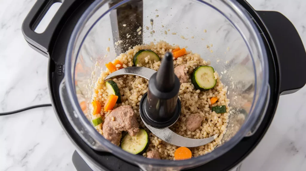 Cooked dog food inside a Thermomix bowl after preparation