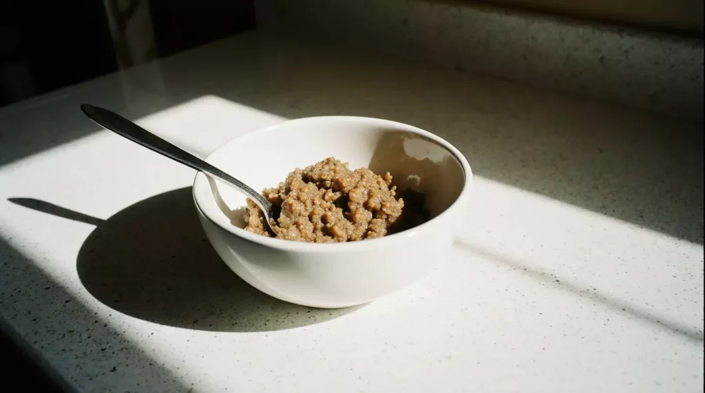 Homemade thermomix dog food cooling in a bowl on a kitchen counter