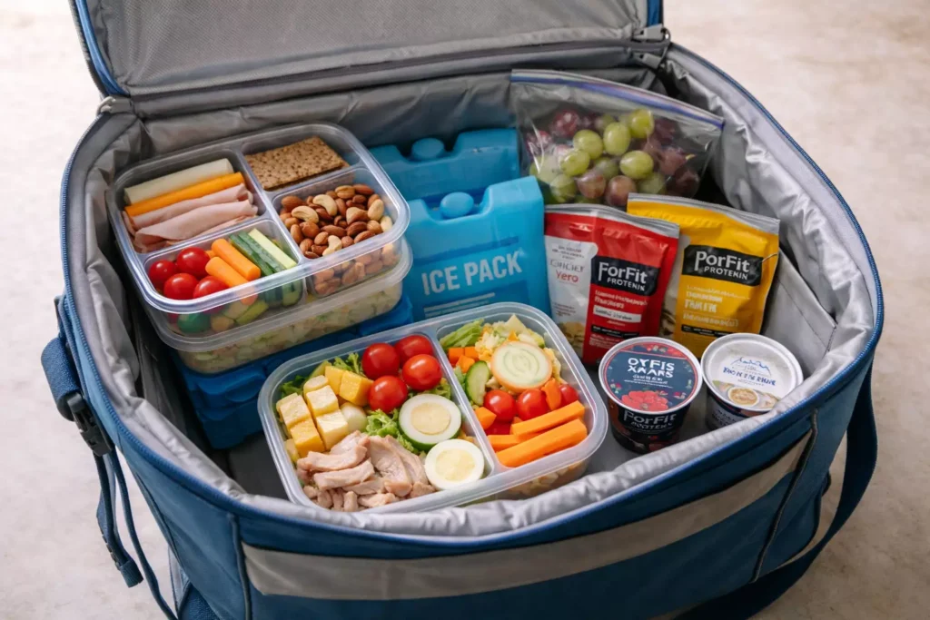 Meal prep cooler filled with no cook meals and reusable ice packs