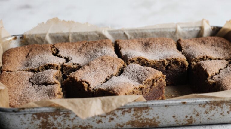 Vegan snickerdoodle blondies cut into uneven squares in a baking pan with cinnamon sugar topping