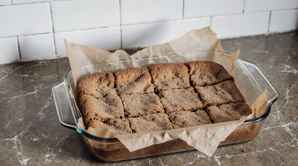 Vegan snickerdoodle blondies cooling in a glass baking dish on a kitchen counter