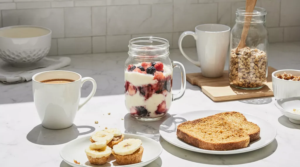 Berry parfait, veggie egg muffins and peanut butter toast laid out on a simple kitchen counter.