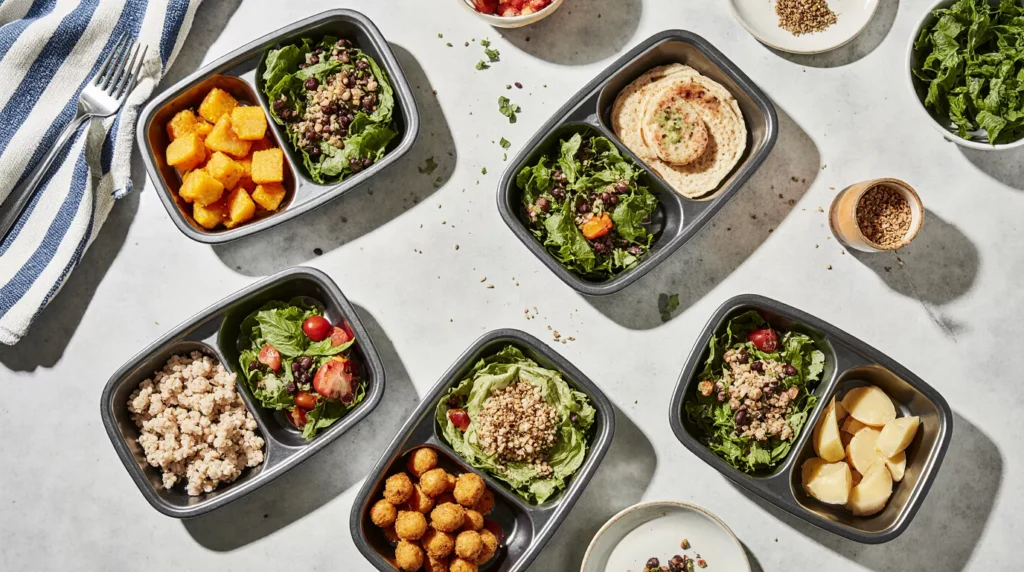 Turkey bowl, chickpea wrap, tuna salad and quinoa bowl in regular meal prep containers.