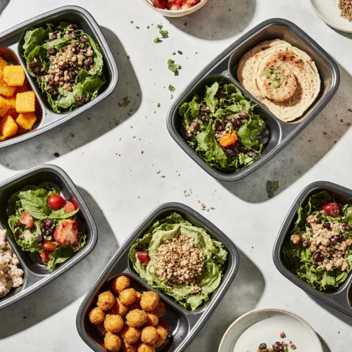 Turkey bowl, chickpea wrap, tuna salad and quinoa bowl in regular meal prep containers.