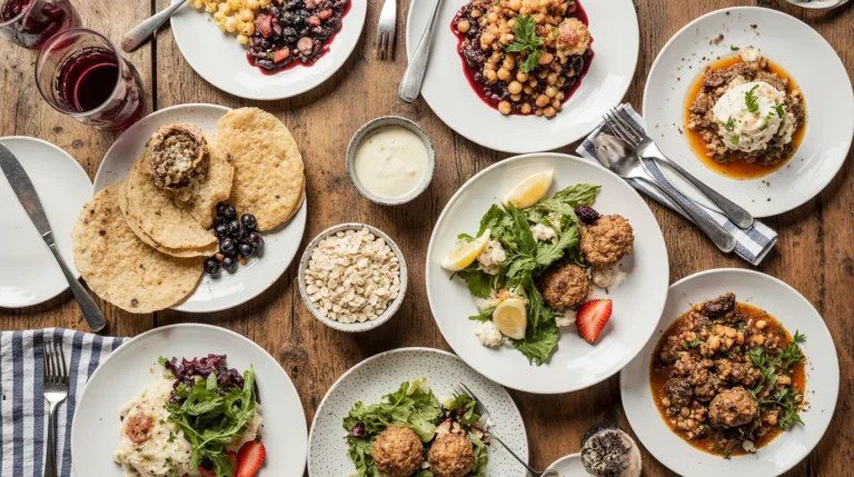 Top-down view of homemade WW meal plan dishes on an ordinary kitchen table with natural daylight.