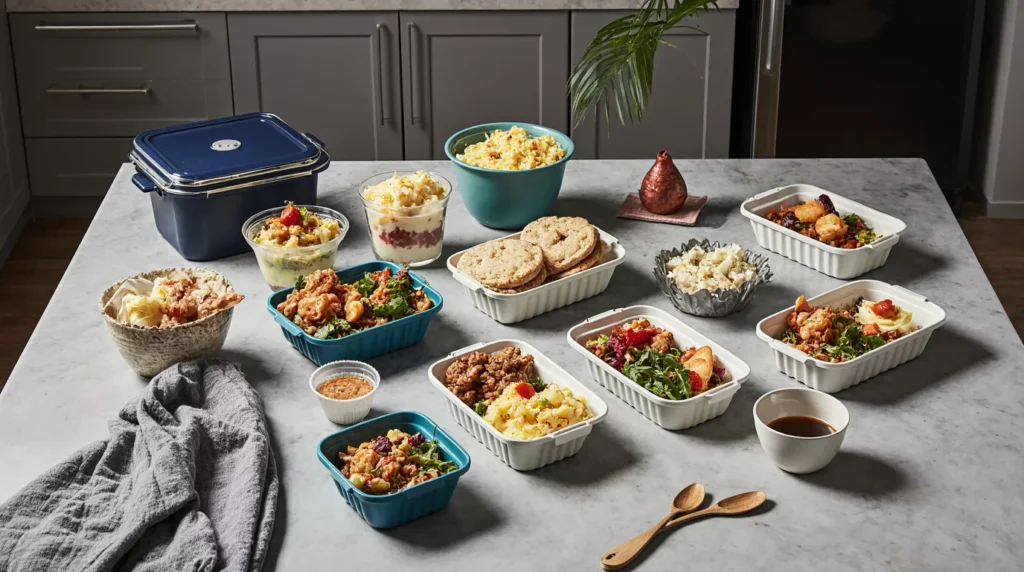 Seven days of WW meals arranged in meal prep containers on a kitchen counter.