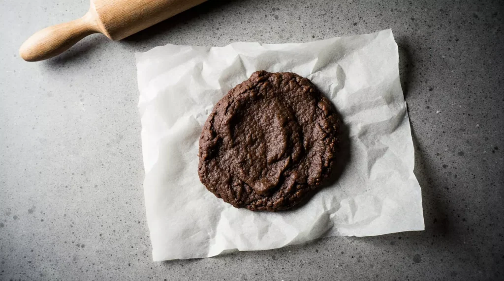 Zero sugar chocolate cookie dough rolled between parchment paper