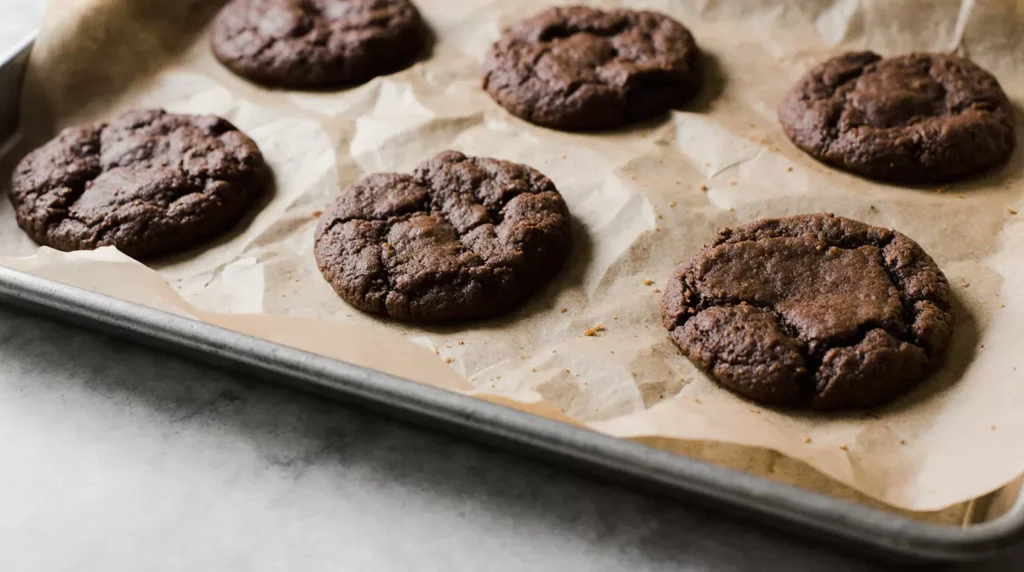 Unfilled zero sugar chocolate cookie rounds cooling on parchment paper