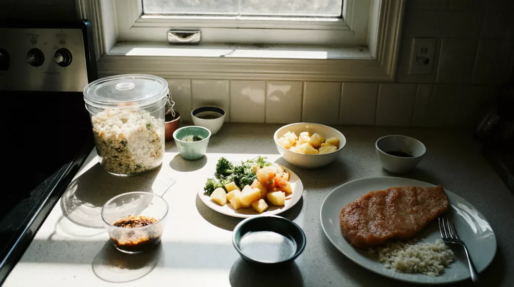 High carb low fat ingredients arranged on a kitchen counter with rice, potatoes, vegetables and proteins.