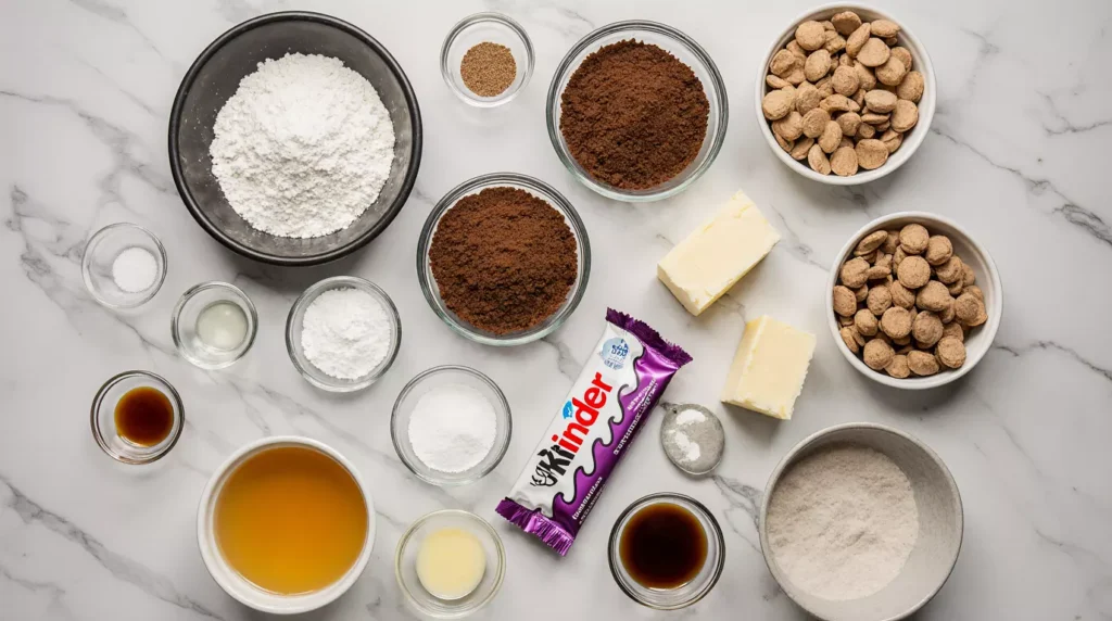 Ingredients for making bueno cookies including flour, cocoa, butter, sugar, and Kinder Bueno bars