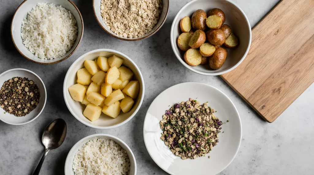 Bowls of rice, potatoes, pasta, oats and quinoa on an ordinary kitchen counter.