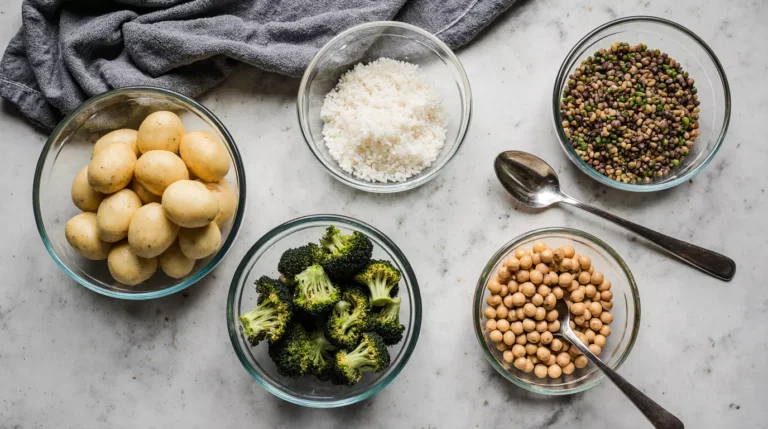 High carb low fat meals prep bowls with rice, potatoes, lentils and vegetables on a real kitchen counter.