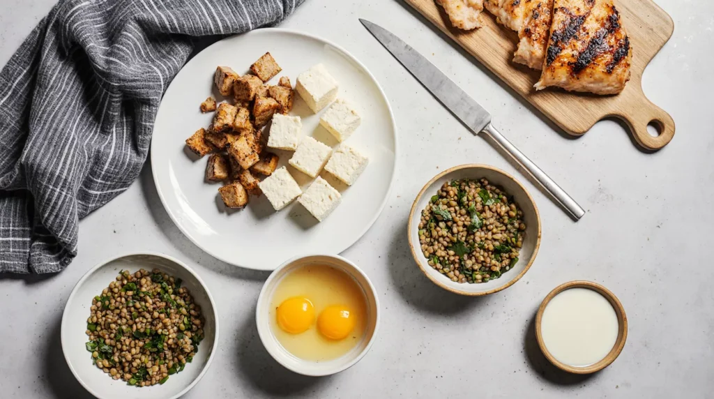 Tofu, chicken, lentils and egg whites prepared on a kitchen counter.