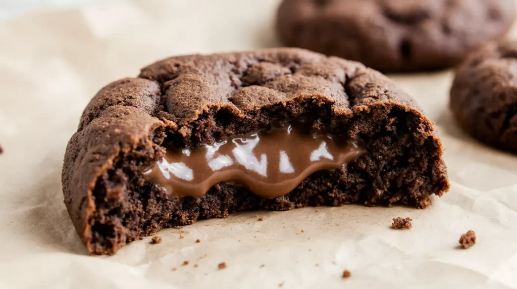 Stuffed bueno cookie cut open showing melted hazelnut chocolate filling