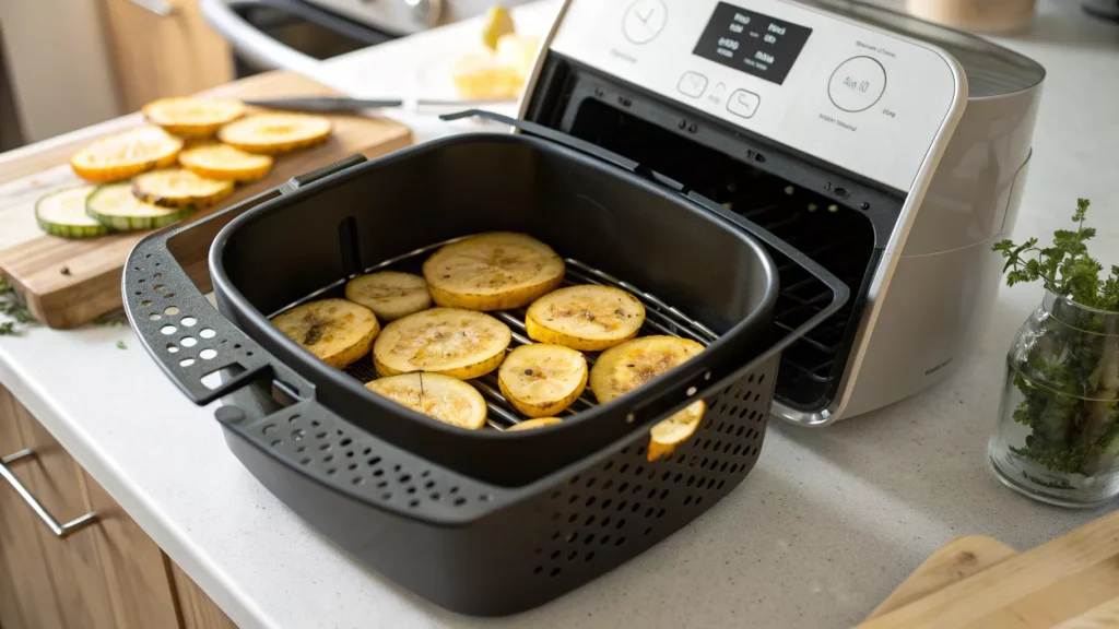 Cooked delicata squash slices inside an air fryer basket on a kitchen counter