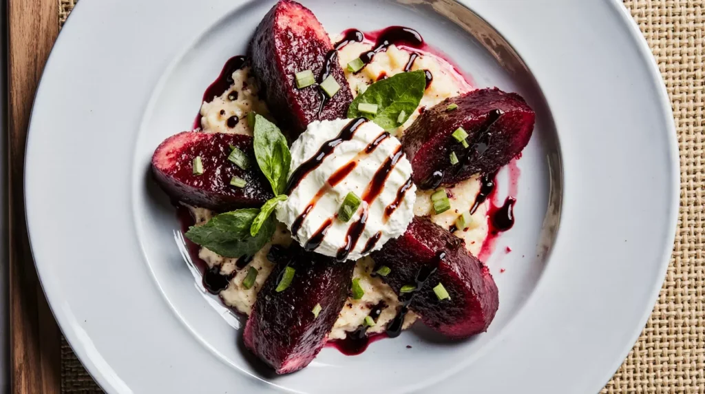 Beets and burrata cheese plated asymmetrically on a ceramic plate