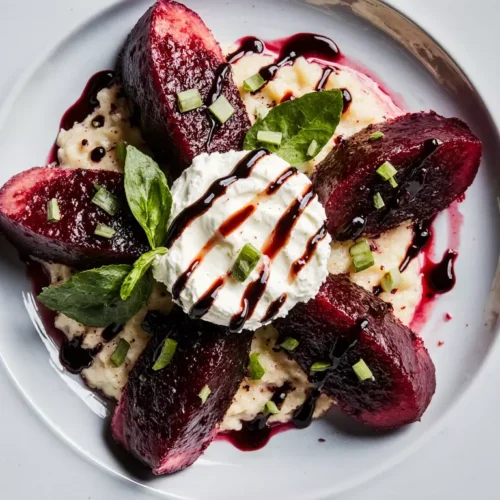 Beets and burrata cheese plated asymmetrically on a ceramic plate