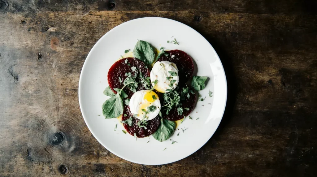 Overhead view of roasted beets and burrata cheese arranged with space
