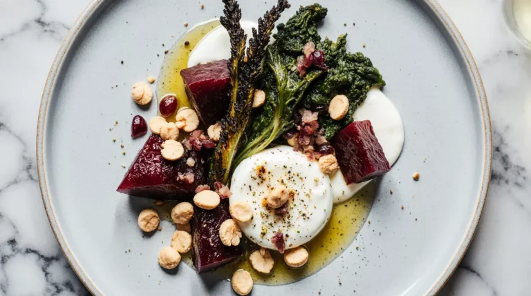 beets burrata salad. Roasted beets arranged around burrata cheese on a ceramic plate
