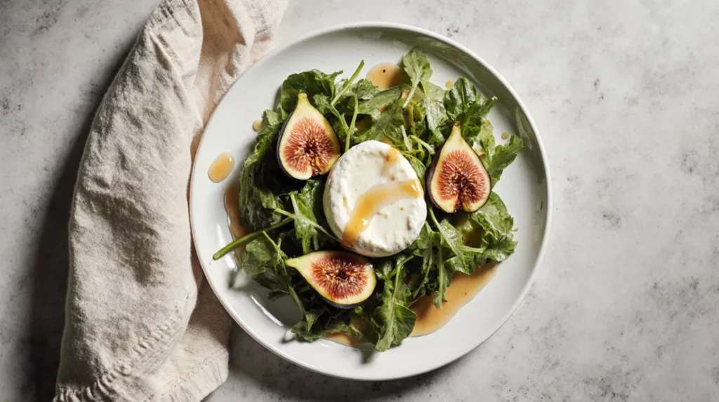 Burrata and figs plated with greens on a ceramic dish